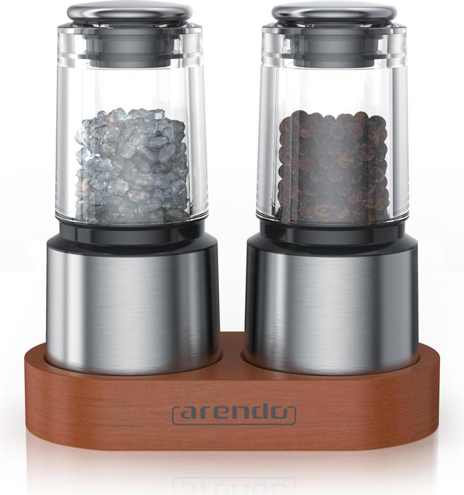 Produktbild Arendo Salz- & Pfeffermühle Elektrisch 2er Set, Gewürzmühlen, Edelstahl, Holz Ständer, Batteriebetrieben (Salz, Pfeffer)