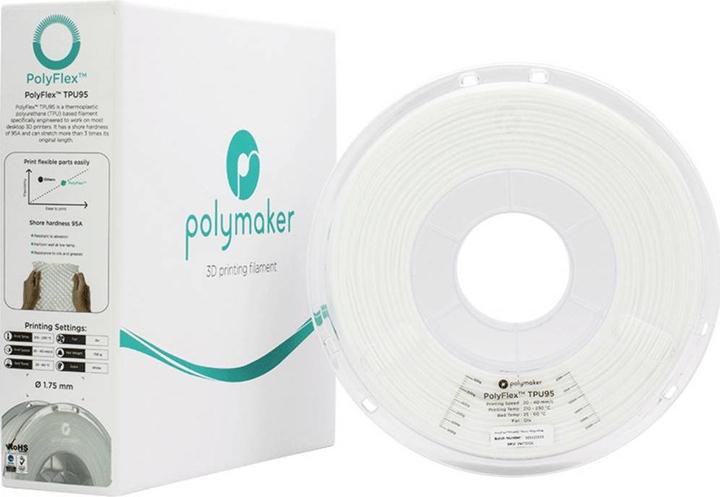Produktbild Polymaker PolyFlex TPU95 V2 - White - 1.75mm (TPU, 1.75 mm, 750 g, Weiss)