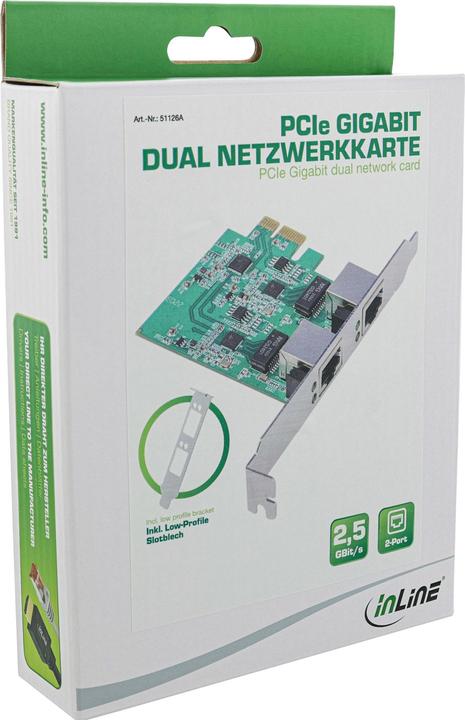 Produktbild InLine Dual Gigabit Netzwerkkarte, 2x RJ45 2.5GBit/s, PCIe x1, inkl. low profile Slotblech (Mini PCI Express)