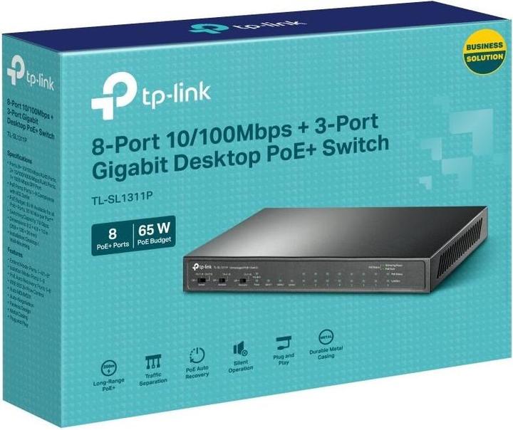 Productafbeelding TP-Link 8-poorts 10/100Mbps + 3-poorts Gigabit Desktop Switch met 8-poorts PoE+ (11 Havens)