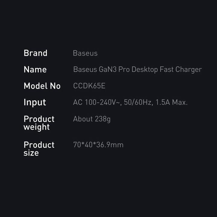 Nutritional values and ingredients Baseus Quick Charger GaN3 Pro (65 W)
