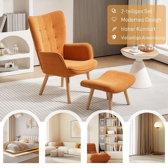 Produktbild Swisshandel24 Sessel mit Hocker, Ohrensessel mit Hoher Rückenlehne, Holzbeine, Cord, Braun