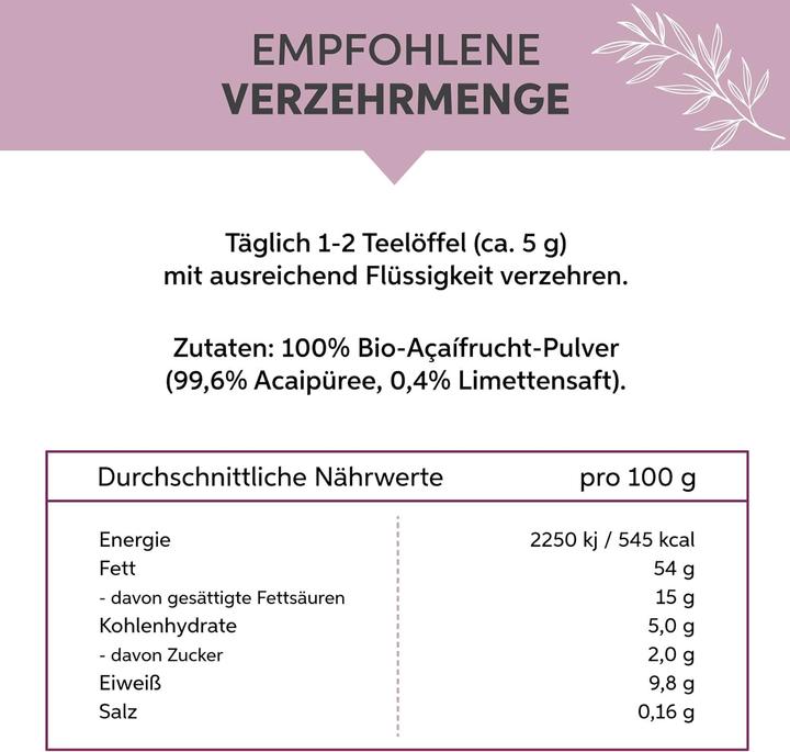Nutritional values and ingredients Eltabia Organic acai powder in freeze-dried raw food quality | 100% pure without additives and vegan (Powder, 100 g)