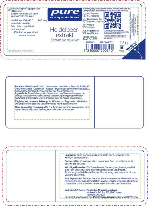 Nutritional values and ingredients Pure encapsulations Blueberry extract (60 Piece, Capsules, 27 g)