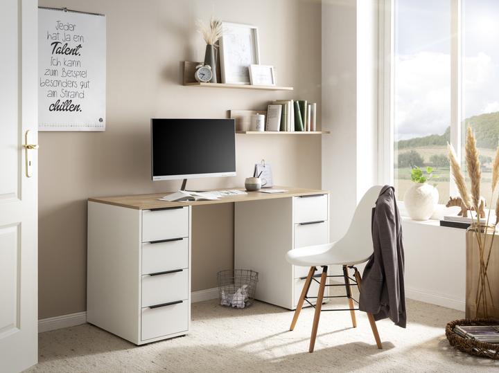 Produktbild Schildmeyer Elma Schreibtisch weiss, eiche rechteckig, Wangen-Gestell weiss 129,5 x 80,0 cm