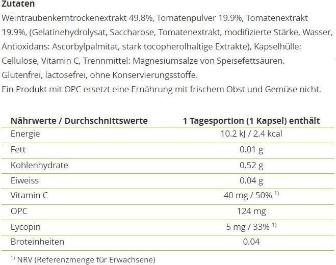 Nährwerte und Zutaten Alpinamed Opc Lycopin (60 Stück, Kapseln, 63 g)