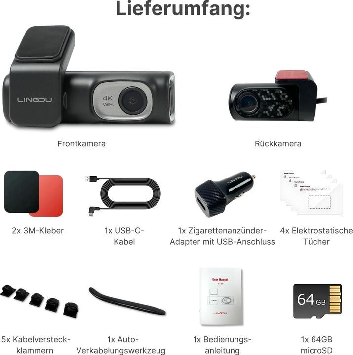 Produktbild Hermex 4K WiFi Dual-Dashcam Autofront-Kamera Onboard-Kamera Auto-Überwachung (Eingebautes Mikrofon, Eingebaute Anzeige, Akku, Eingebautes Display, GPS-Empfänger, WLAN, 4K)