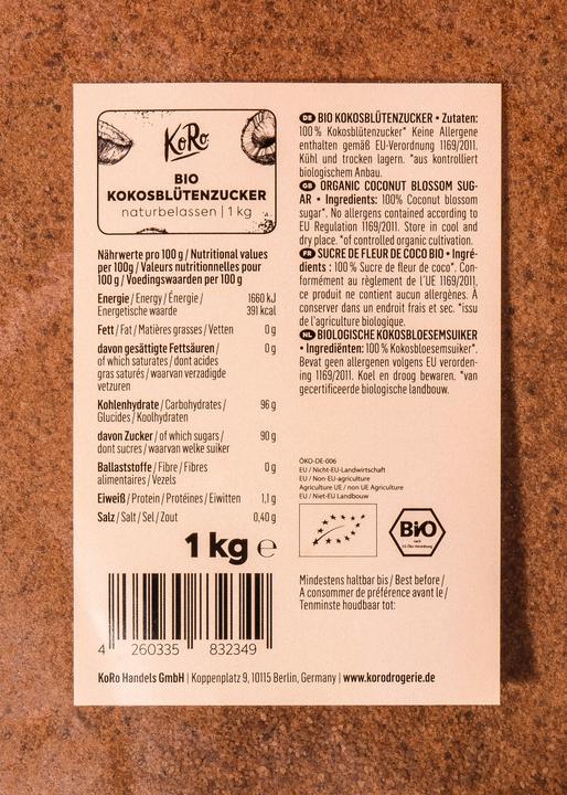 Valeurs nutritives et ingrédients KoRo Sucre de coco bio (1000 g)