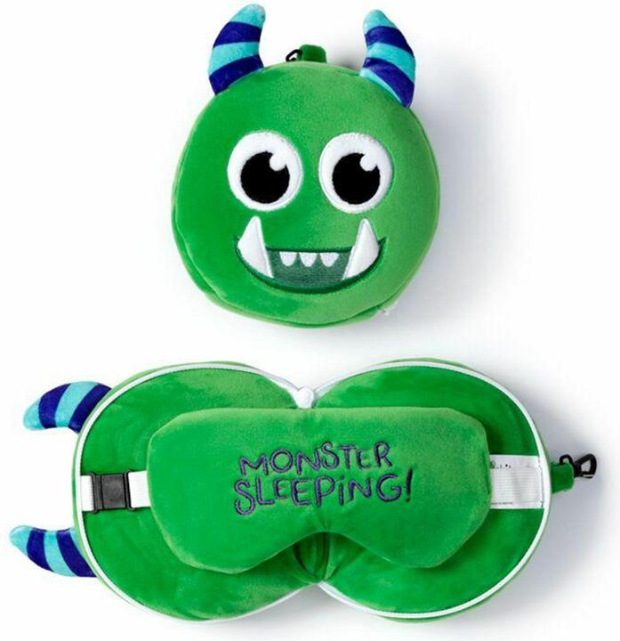 Immagine prodotto Puckator Relaxeazzz Cuscino da viaggio rotondo in peluche verde Monstarz Monster con maschera per gli occhi (Copertina del passaporto)