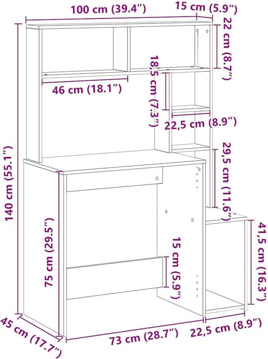 Actual product image VidaXL Desk with shelf smoked oak 100x45x140 cm wood-based material (100 x 45 x 140 cm)