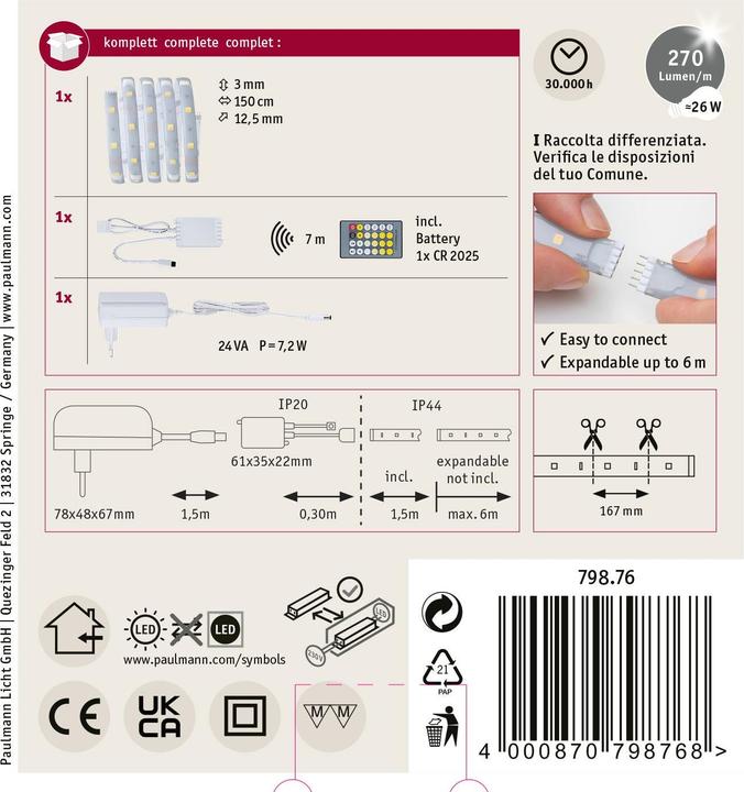 Produktbild Paulmann MaxLED 250 Stripe Set (Weiss, 150 cm, Indoor)