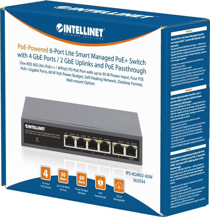 Image du produit Intellinet Commutateur PoE-Powered 6-Port Lite Smart Managed PoE+ Switch 4xGbE 2xGbE-Uplink et PoE-Passthrough (6 Ports)