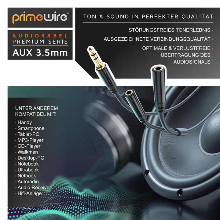 Actual product image Primewire 3.5mm jack to 2x 3.5mm jack audio adapter, 15 cm, stereo audio AUX to 2x jack Y-adapter (0.15 m, 3.5mm jack (AUX))