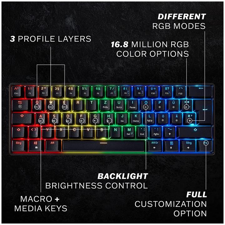Actual product image HK Gaming Keyboard GK61 RGB Black with Gateron Mechanical Yellow Switches (mini 60% US Layout) (DE, Cable)