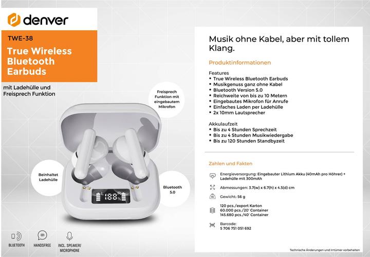 Actual product image Denver TWE-38 (4 h, Wireless)