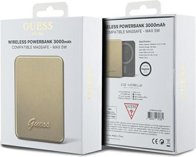 Produktbild Guess Powerbank indukcyjny 5W GUPBM3ALGSGD 3000mAh złoty/gold MagSafe Metal Script Logo (3000 mAh, 5 W)