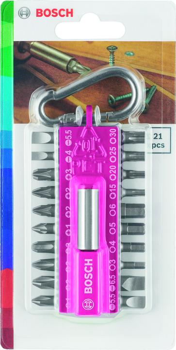 Produktbild Bosch Zubehör 21-teiliges Schrauberbit-Set mit Snap-hook, Pink (Innensechsrund TX M20, Innensechsrund TX M30, Innensechsrund TX M15, Innensechsrund TX M25, Kreuz Phillips PH M1, Kreuz Phillips PH M2, Kreuz Pozidriv PZ M1, Kreuz Pozidriv PZ M2, Kreuz Phillips PH M3, Kreuz Pozidriv PZ M3)