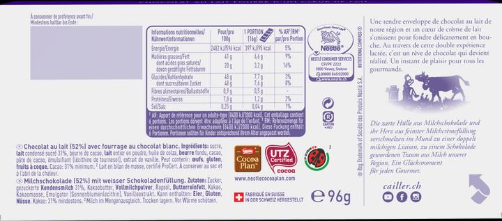 Nährwerte und Zutaten Cailler Tafelschokolade Milchcreme (107 g)