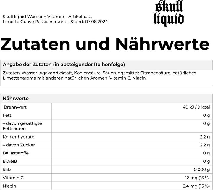 Nährwerte und Zutaten Skull Liquid Vitamin-Water - Limette-Guave- Passionsfrucht (12x568ml Dose) (Guave, Limette, Passionsfrucht, 12 x)