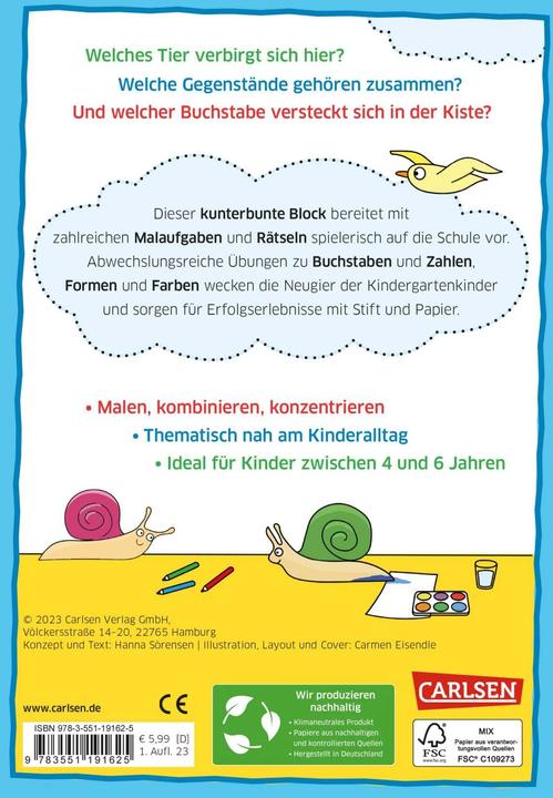 Produktbild Mein bunter Kindergarten-Block: Rätseln, malen, kombinieren (Deutsch, Carmen Eisendle, Hanna Sörensen, 2023)
