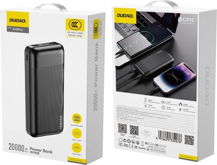 Actual product image Dudao Powerbank K18 Pro 20000mAh USB-A / USB-C / Micro USB - black (20000 mAh, 10 W)