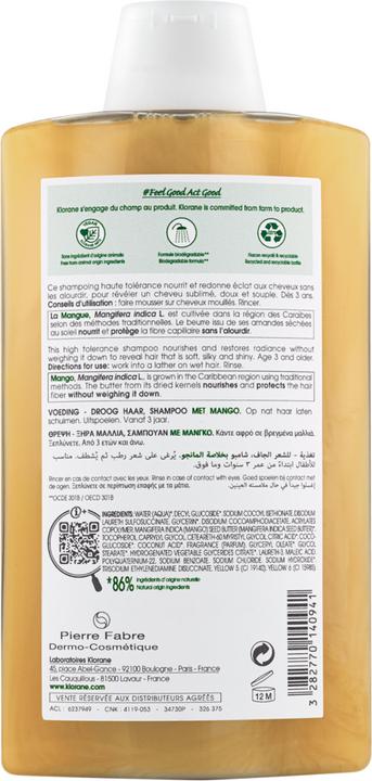 Actual product image Klorane Mango Shampoo + Sample 2ml Fl 400 ml (400 ml, Liquid shampoo)