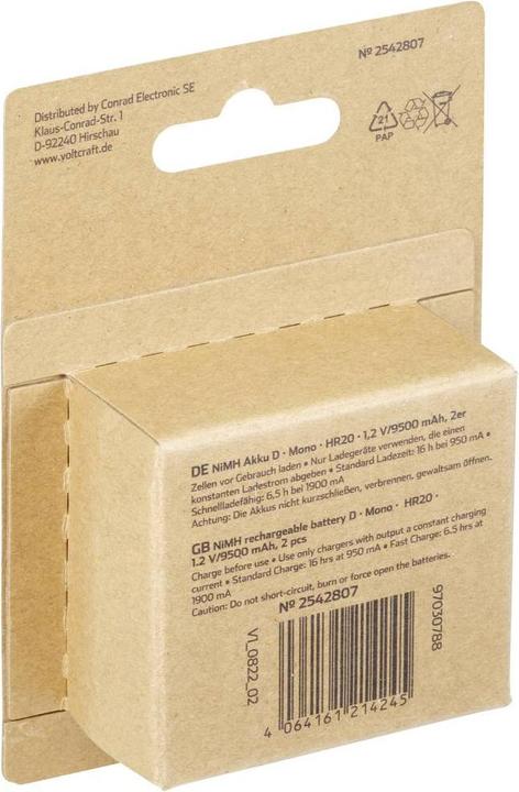 Immagine prodotto Voltcraft Endurance mono (D) ricaricabile NiMH 9500 mAh 1,2 V 2 pz. (2 pz., D, 9500 mAh)