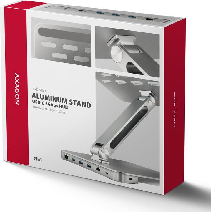 Produktbild Axagon HMC-STND Ständer für Laptops und Tablets, USB-C-Hub - silber (USB-C, 7 Ports)