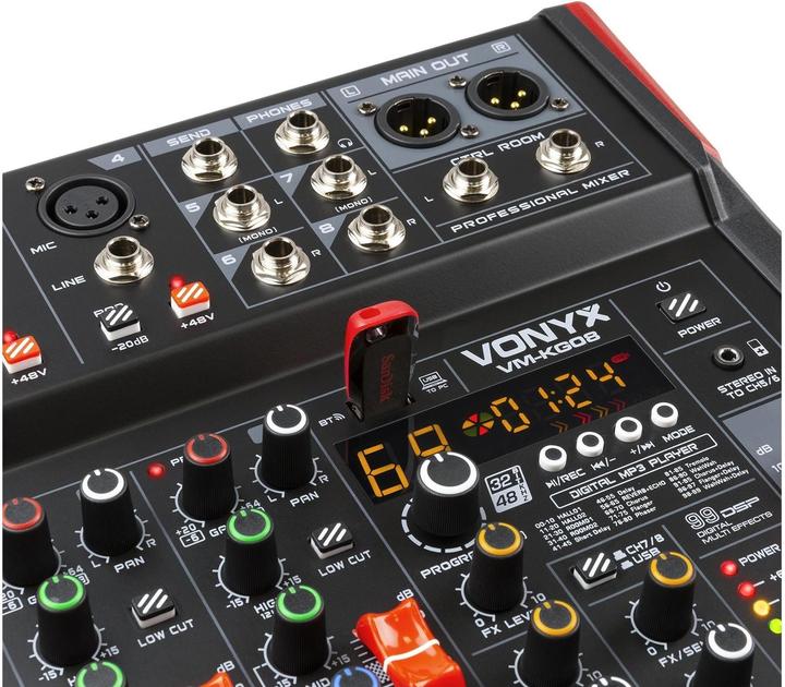 Actual product image Vonyx VM-KG08 - 8-kanaals mengpaneel Bluetooth, DSP, mp3 speler en USB audio interface (Studio- and Livemixer)