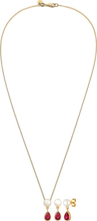 Immagine prodotto Elli Orecchini di pietre preziose, collana di pietre preziose, perla (Argento 925 placcato oro, Rubino sintetico, Perle coltivate d'acqua dolce)