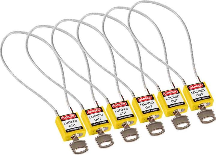 Produktbild Brady kompaktes Sicherheitsschloss Nylon mit Kabelbügel, Gelb, 400mm Kabellänge, 4,7mm PVC-beschic