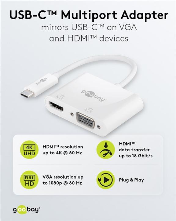 Produktbild Goobay USB-C™ Multiport-Adapter HDMI™+VGA, 1 Stk. im Polybeutel, Weiss (USB-C, 2 Ports)