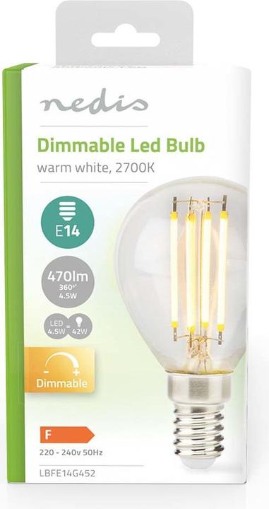 Produktbild Nedis LED-Filament-Lampe E14 G45 4.5 W 470 lm 2700 K Dimmbar Warmweiss 1 Stück Klar (E14, 4.50 W, 470 lm, 1 x, F)