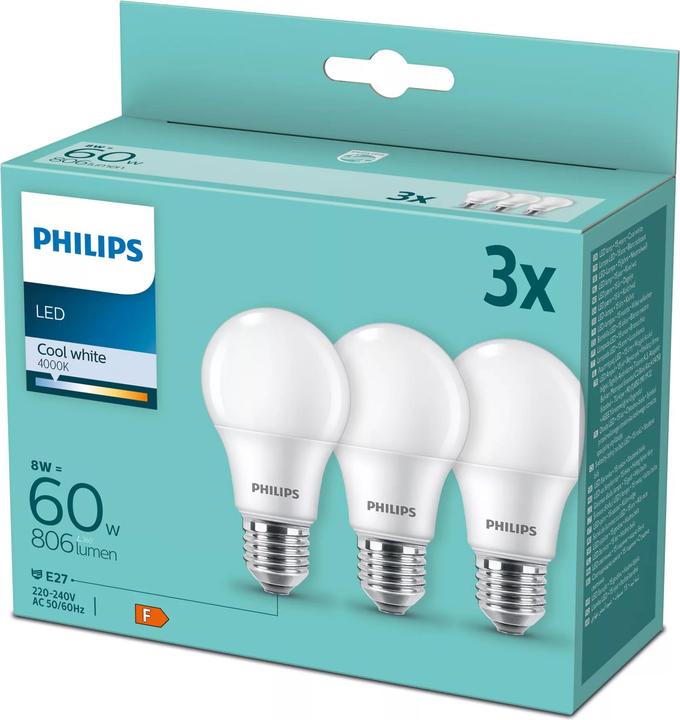 Produktbild Philips LED 60W A60 E27 CW FR ND 3PF/6 DISC (E27, 9 W, 806 lm, 3 x, F)