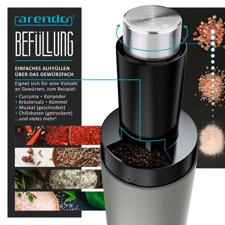 Actual product image Arendo Salz- & Pfeffermühle Elektrisch 2er Set, Gewürzmühlen, Edelstahl, einstellbar, Batteriebetrieben (Pepper, Herbs, Salt)