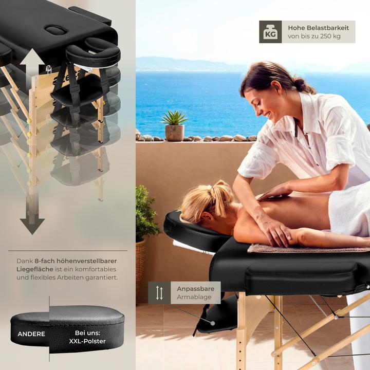 Actual product image tectake 3-zone massage table set Somwang with 7.5cm padding, castors and wooden frame