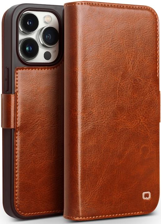 Actual product image QiAlino Flip case with magnetic clasp Light brown (Apple iPhone 14 Pro)