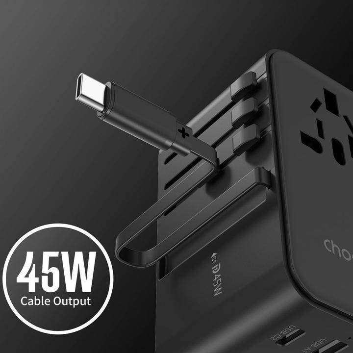 Actual product image Choetech PD5021 45W EU/US/AUS/UK Travel Adapter with Built-in USB-C Cable - Black