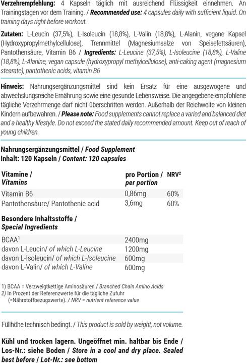 Nährwerte und Zutaten Foodspring Bcaa (1 Stück, Kapseln, 96 g)