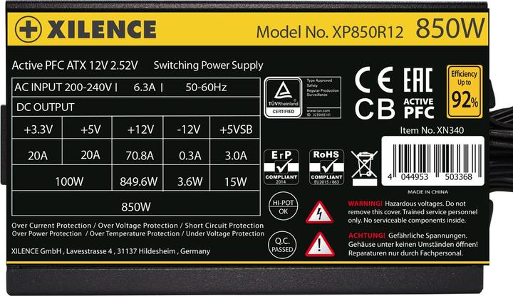Actual product image Xilence XP850R12 850W PC power supply, Meet 80+ Gold, Gaming, ATX (850 W)