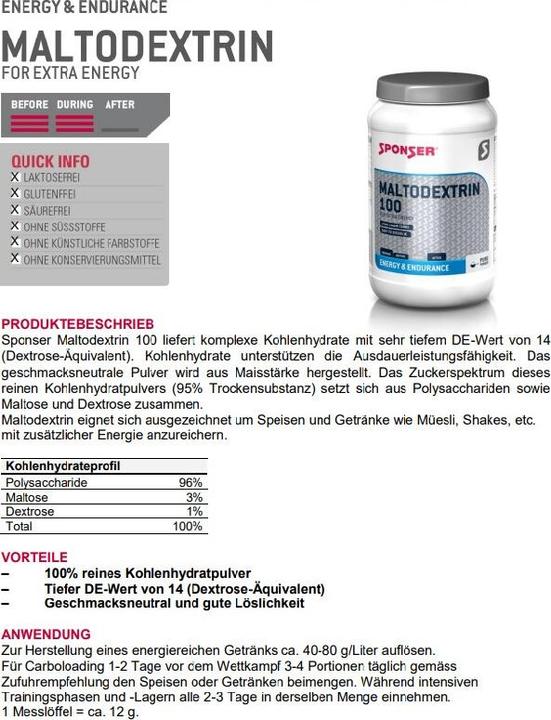 Nutritional values and ingredients Sponser maltodextrin 100 (Neutral, 1 pcs., 900 g)
