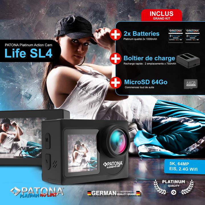 Produktbild Patona BIG SET Action Cam Life SL4 5K 120fps 64mp EIS 120° 6G Akkus+Dualladegerät+64GB Karte+Zubehör (WLAN)