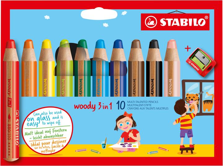 STABILO woody 3 in 1 Buntstift mit Spitzer (Mehrfarbig, 10 x)