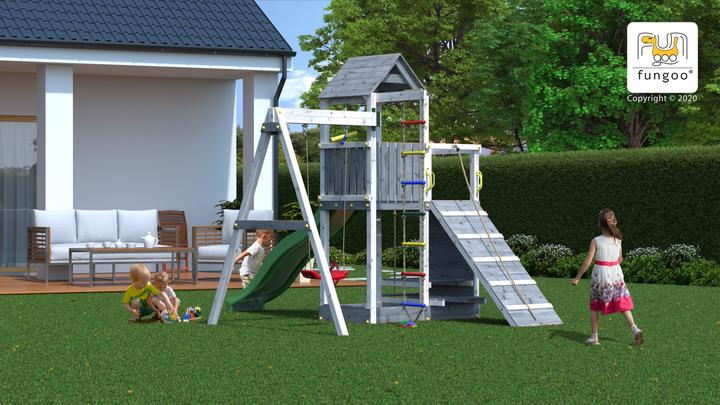 Produktbild Marimex Spielturm Play 009 Holz Metall grau wei inkl. Rutsche, 1 Brettschaukel, Fernrohr, Klettert