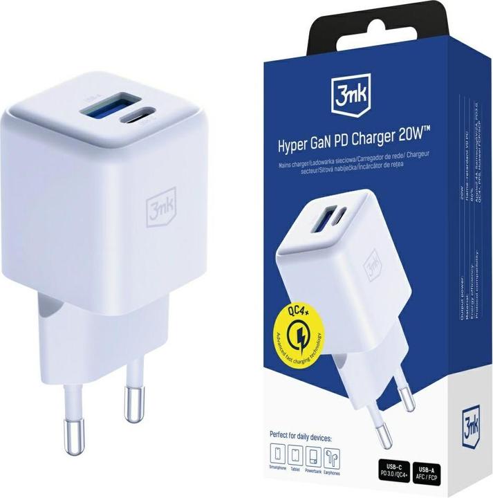 3MK Ładowarka sieciowa Hyper GaN Charger 20W 1xUSB-A 1XUSB-C PD QC4+ biały (20 W)