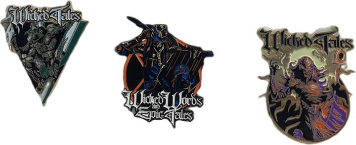 Actual product image Universal Textiles Wicked Words And Epic Tales Enamel Badge (Pack of 3)