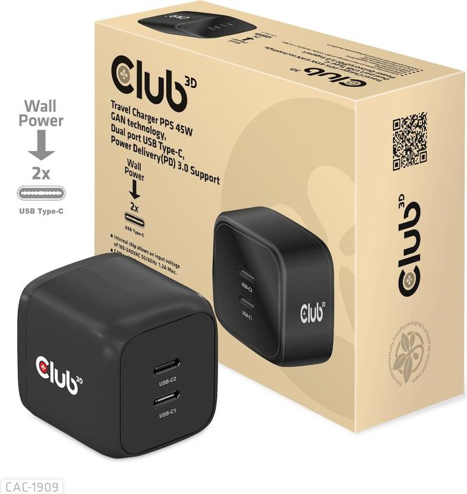 Image du produit Club 3D Chargeur PPS 45W GAN, Power Delivery (PD) 3.0 (45 W)