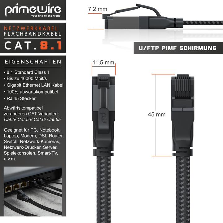 Produktbild Primewire LAN Kabel CAT.8, RJ-45, Ethernet CAT 8.1 Netzwerkkabel Flach 40 Gbits, Baumwollmantel Patchkabel (U/FTP, CAT8.1, 0.50 m)