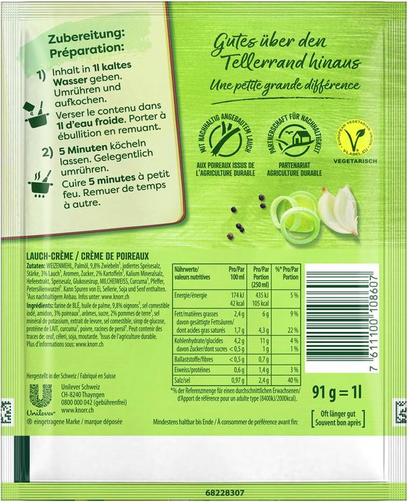 Nährwerte und Zutaten Knorr Lauch Crème Suppe Beutel, crèmige Suppe mit feinen Lauchstücken