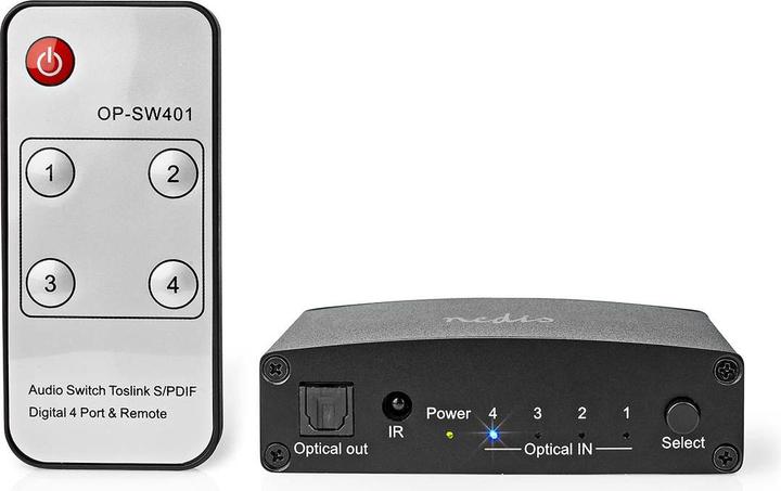 Produktbild Nedis Digital-Audio-Switch | 4-Wege | Anschlüsse – Eingang: DC Power / 4x TosLink | Anschlüsse – Aus (0.05 m)
